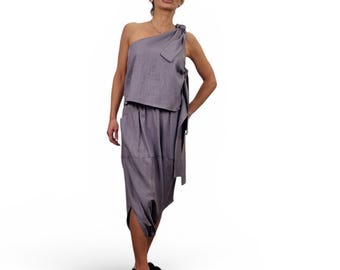 Conjunto de lino, top de un solo hombro, falda drapeada, atuendo minimalista bohemio asimétrico para mujer, elegante