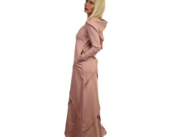 Hooded Maxi Dress:Rose Ash Cotton Loose Summer Dress