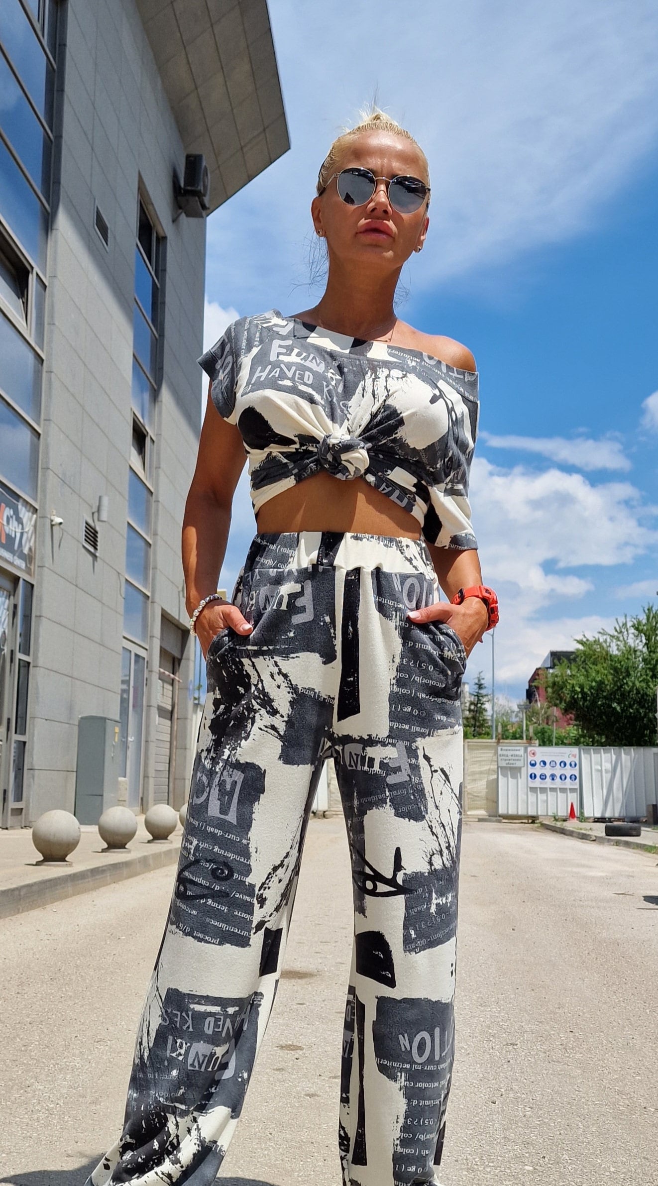 Casual Women Set, High Waist Pants, Loose Cold Shoulder Top, Loose Pants, Short Blouse, Cotton Set