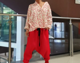 Linen Women Set, Asymmetric Top and Harem Pants, Baggy Loose Set