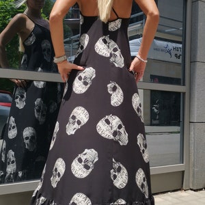 Skull Print Maxi Dress, Gothic Spaghetti Strap Extravagant Dress image 2