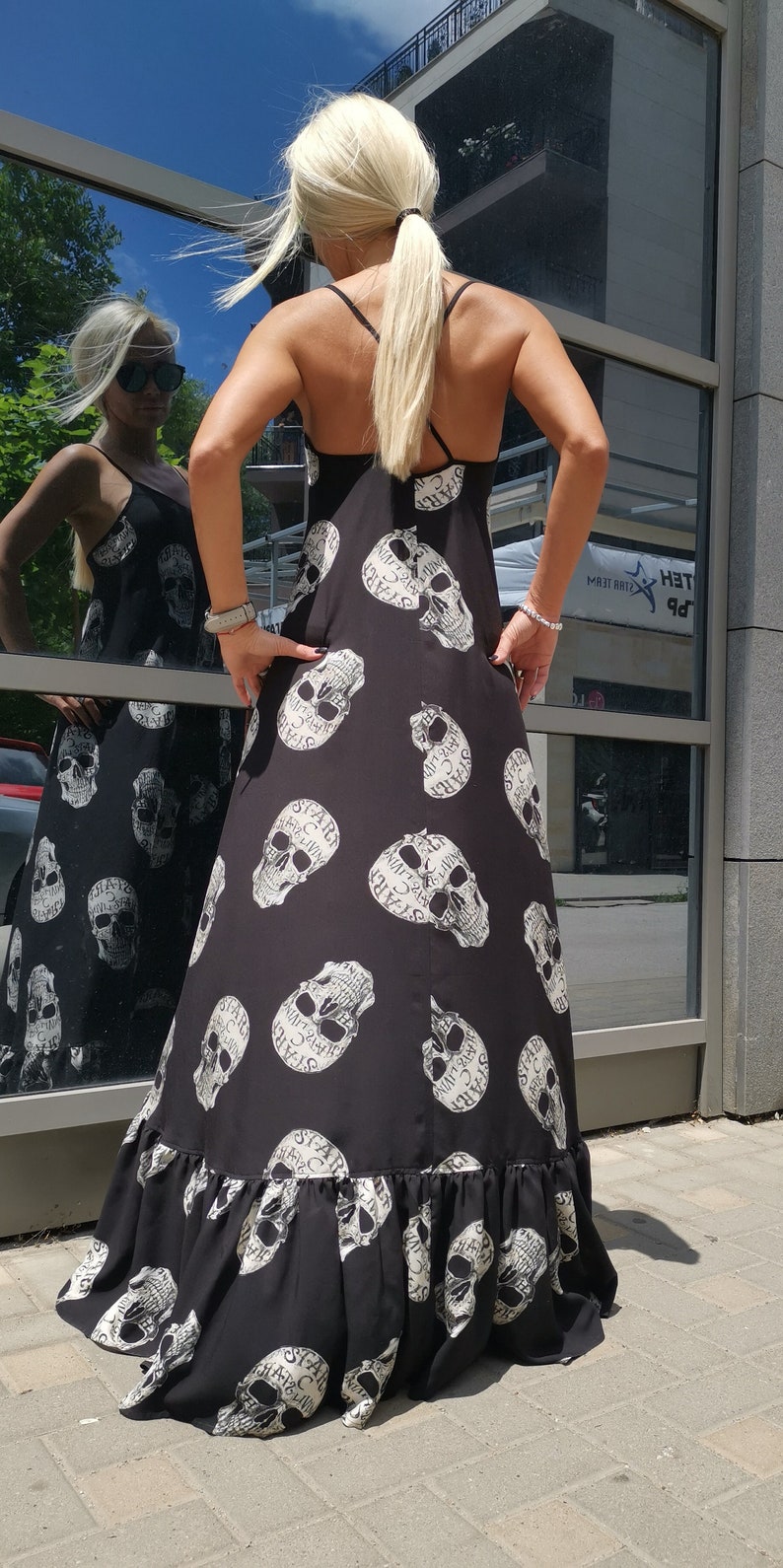 Skull Print Maxi Dress, Gothic Spaghetti Strap Extravagant Dress image 2