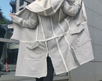 Asymmetric Cotton Hoodie Vest, Oversized External Seams, Avant Garde Women Hooded Layered Outerwear