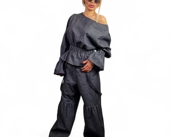 Black Denim Avant-Garde Two-Piece Suit: Drop Crotch Pants, Draped Top