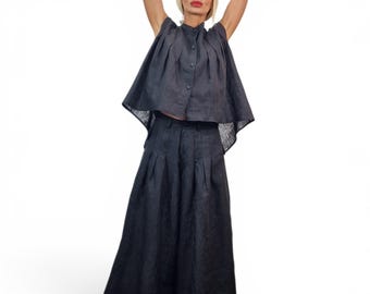 Black Linen Two Piece Set: Wide Leg Pants, Asymmetric Top, Avant Garde Outfit