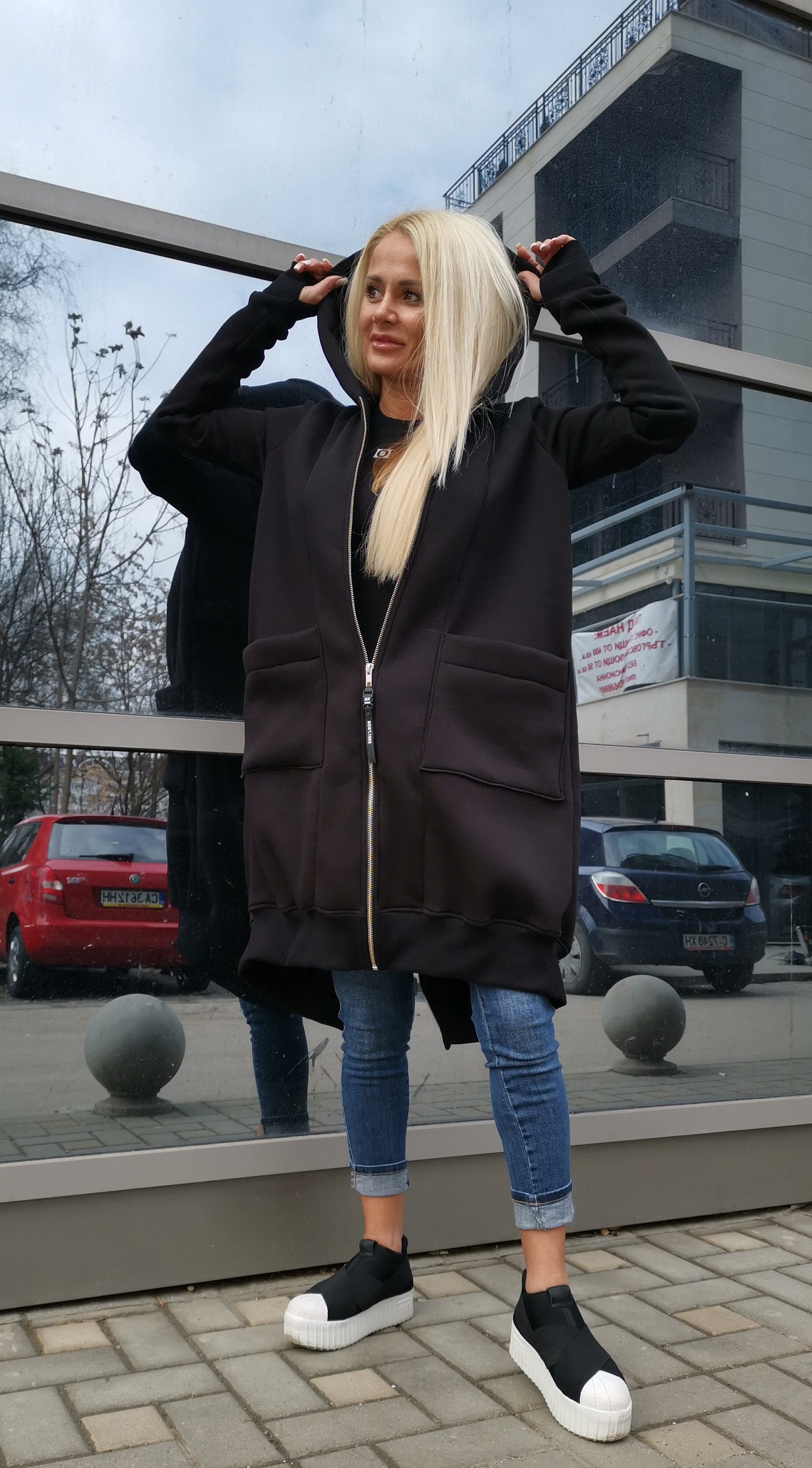 Midi Coat With Pockets and Hood, Asymmetric Hooded Coat Midi Coat With Pockets and Hood, Asymmetric Hooded Coat
