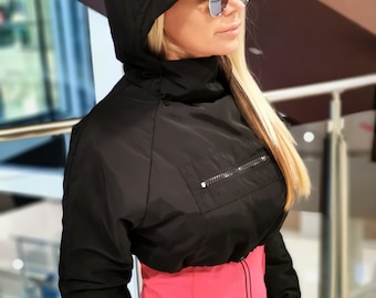 Chaqueta acolchada negra con capucha, abrigo corto de invierno