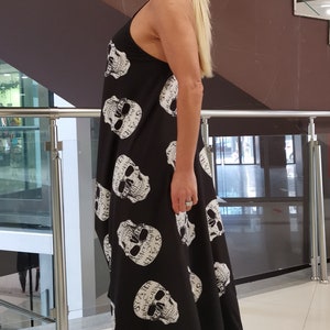 Skull Print Maxi Dress, Gothic Spaghetti Strap Extravagant Dress image 5