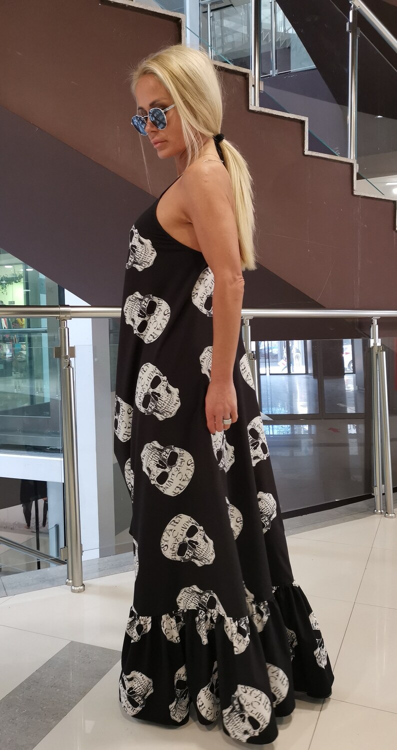 Skull Print Maxi Dress, Gothic Spaghetti Strap Extravagant Dress image 5