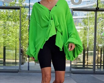 Green Maxi Shirt: Oversized Avant-Garde Top with Puffer Sleeves