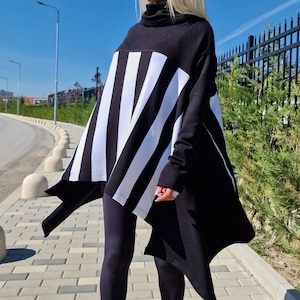 Black & White Knitted Poncho with Turtleneck, Long Sleeve Black Sweater, Plus Size Tunic Top, Loose Fit Winter Top, Asimetric Sweater