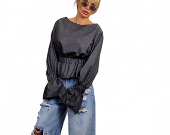 Avant-Garde Cotton Longsleeve Shirt, Cold Shoulder Denim Top