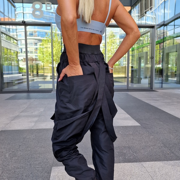 Steampunk Drop Crotch Pants, Black High Waist Trousers with Suspenders, Avant Garde Style