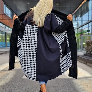 Oversized Black and White Coat, Long Coat, Houndstooth Pattern Coat with Oversized Pockets, Plus Size Overcoat, Oversized Maxi Vest,