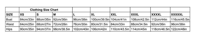 Może przedstawiać: Tabela rozmiar&oacute;w odzieży z wymiarami w calach i centymetrach dla rozmiar&oacute;w od XS do XXXXXL. Podane są wymiary biustu, talii i bioder.