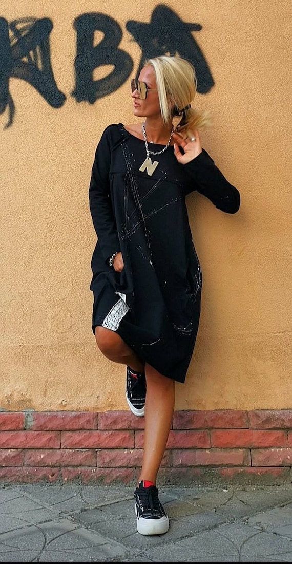 Hand Painted Cotton Midi Dress, Loose Black Plus Size Dress