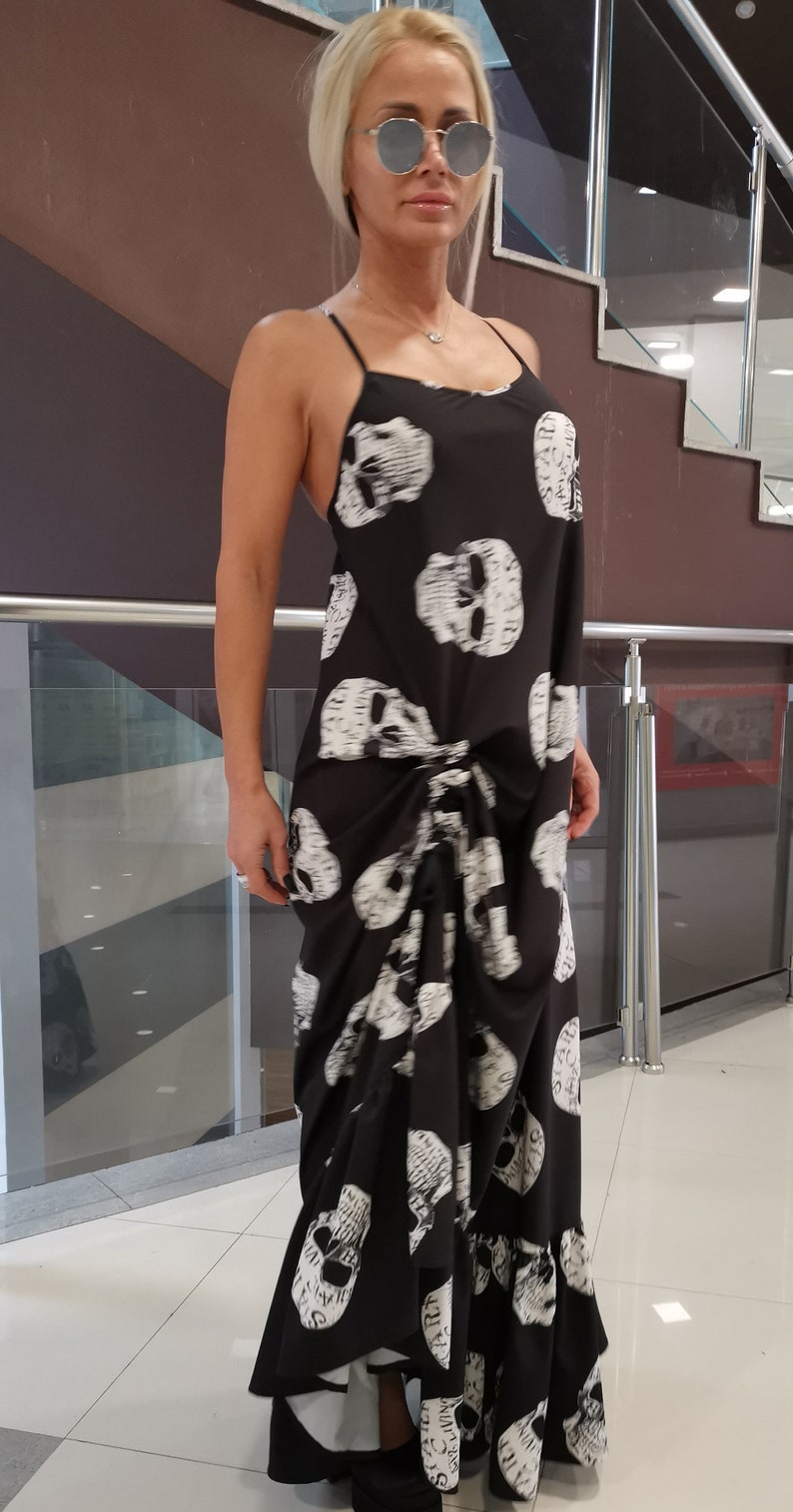 Skull Print Maxi Dress, Gothic Spaghetti Strap Extravagant Dress image 9