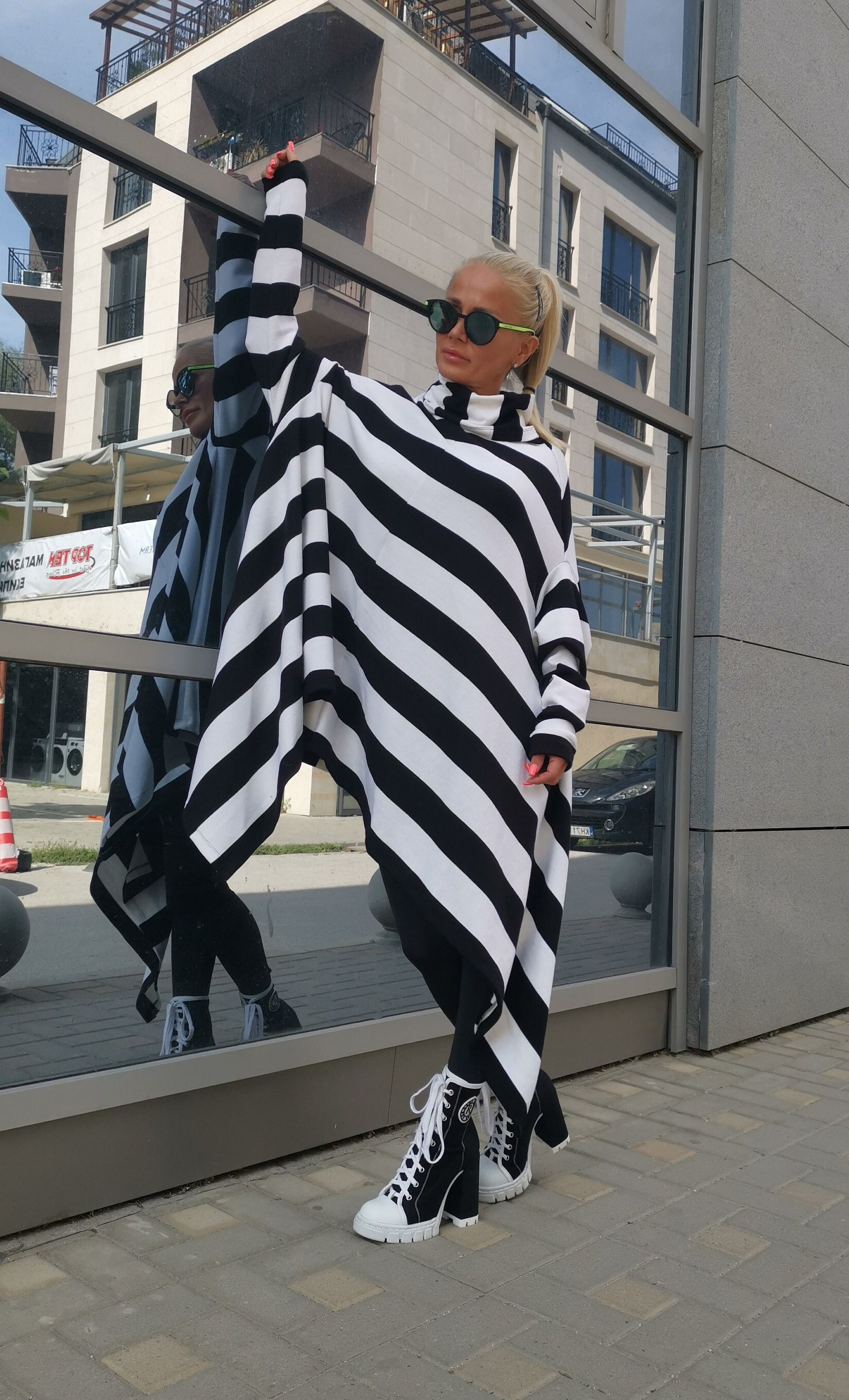 Black and White Stripes Poncho With Long Sleeves and