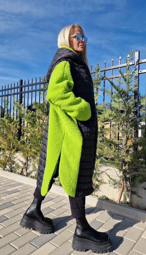 Oversized Green and Black Coat Long Coat Hooded Maxi Coat Plus Size Overcoat Oversized Maxi Vest Boho Vest Etsy