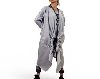 Asymmetrische grijze katoenen tuniektop: avant-garde oversized kleding