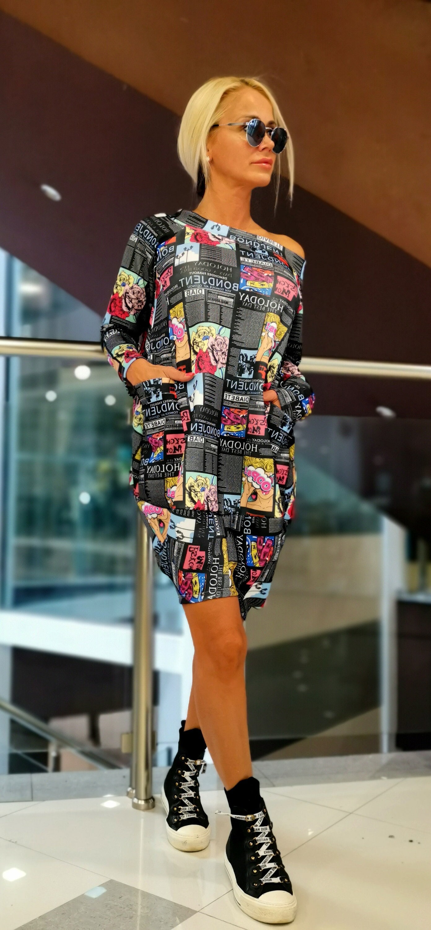 Neoprene Comics Print Dress, Longsleeve Pocket Dress