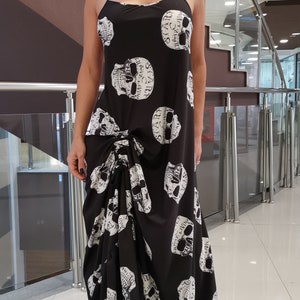Skull Print Maxi Dress, Gothic Spaghetti Strap Extravagant Dress image 8