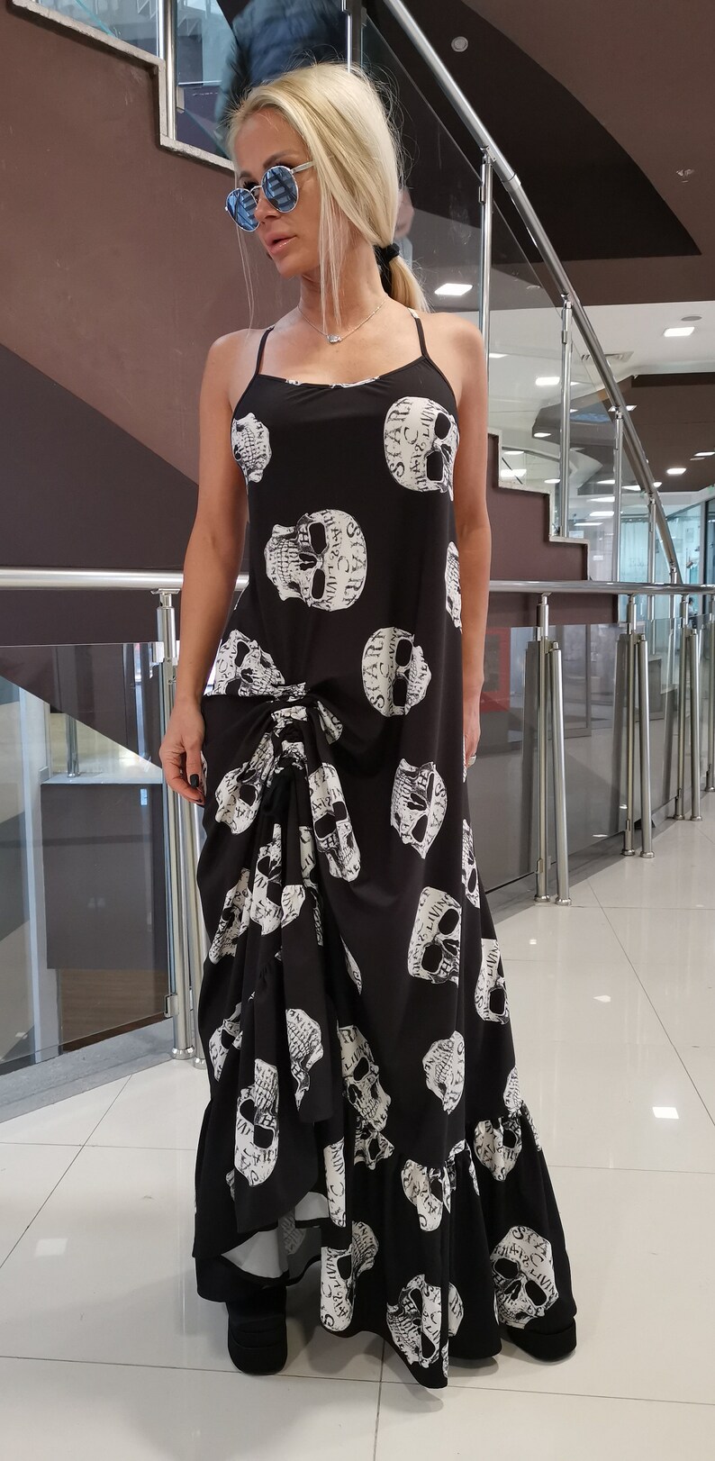 Skull Print Maxi Dress, Gothic Spaghetti Strap Extravagant Dress image 8