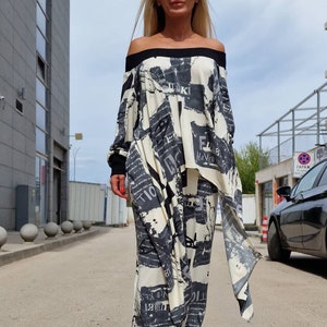 Conjunto feminino de duas peças, conjunto de algodão, calças largas de cintura alta, top assimétrico, conjunto gótico com costas abertas, conjunto feminino extravagante