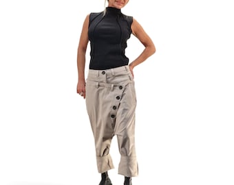 Baumwollhose mit tiefem Schritt, Stretch-Haremshose, asymmetrische Baggy-Hose, avantgardistische Damenhose