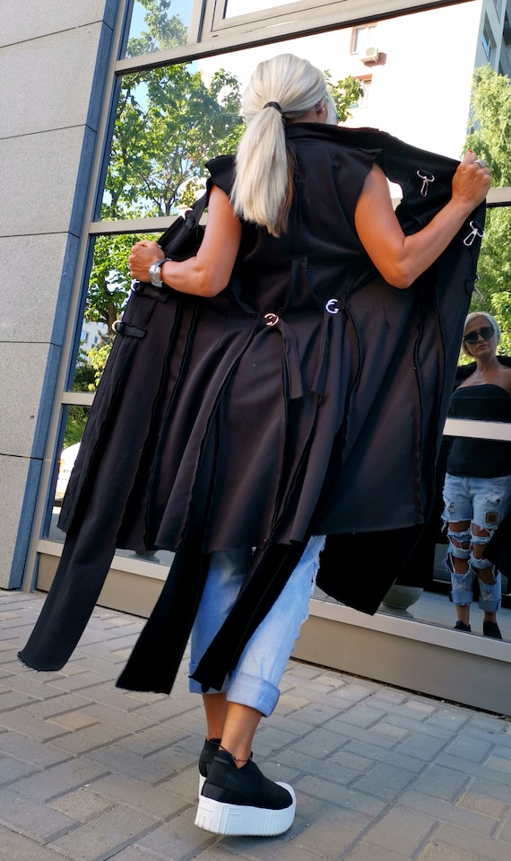 Black Asymmetric Long Vest: Oversized Cotton Avant Garde Gothic