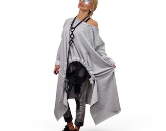 Asymmetric Gray Cotton Tunic Top: Avant Garde Oversized Clothing