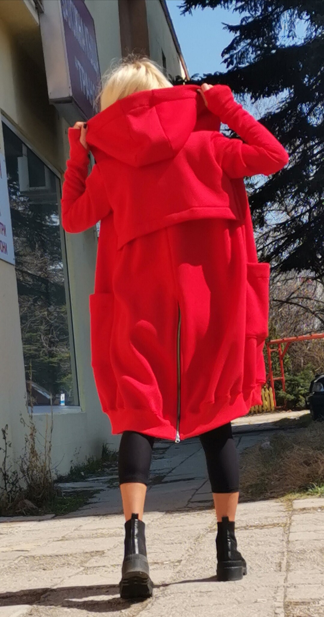 Red Hooded Coat With Zippers and Oversized Pockets, Warm Zipper Coat