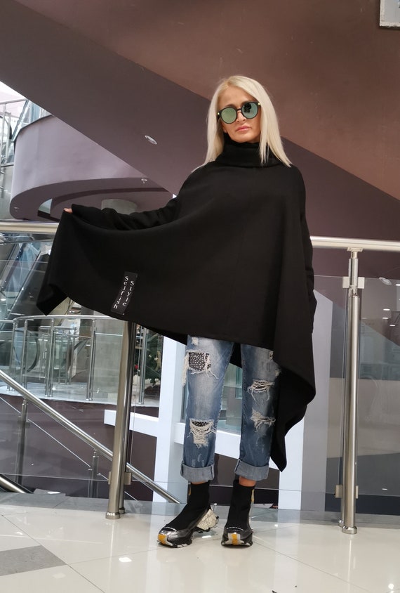 Black Knitted Poncho With Turtleneck, Long Sleeve Black