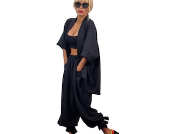 Asymmetric Kimono Top and Wide Leg Pants Set: Crinkled Synthetic Two-Piece Outfit
