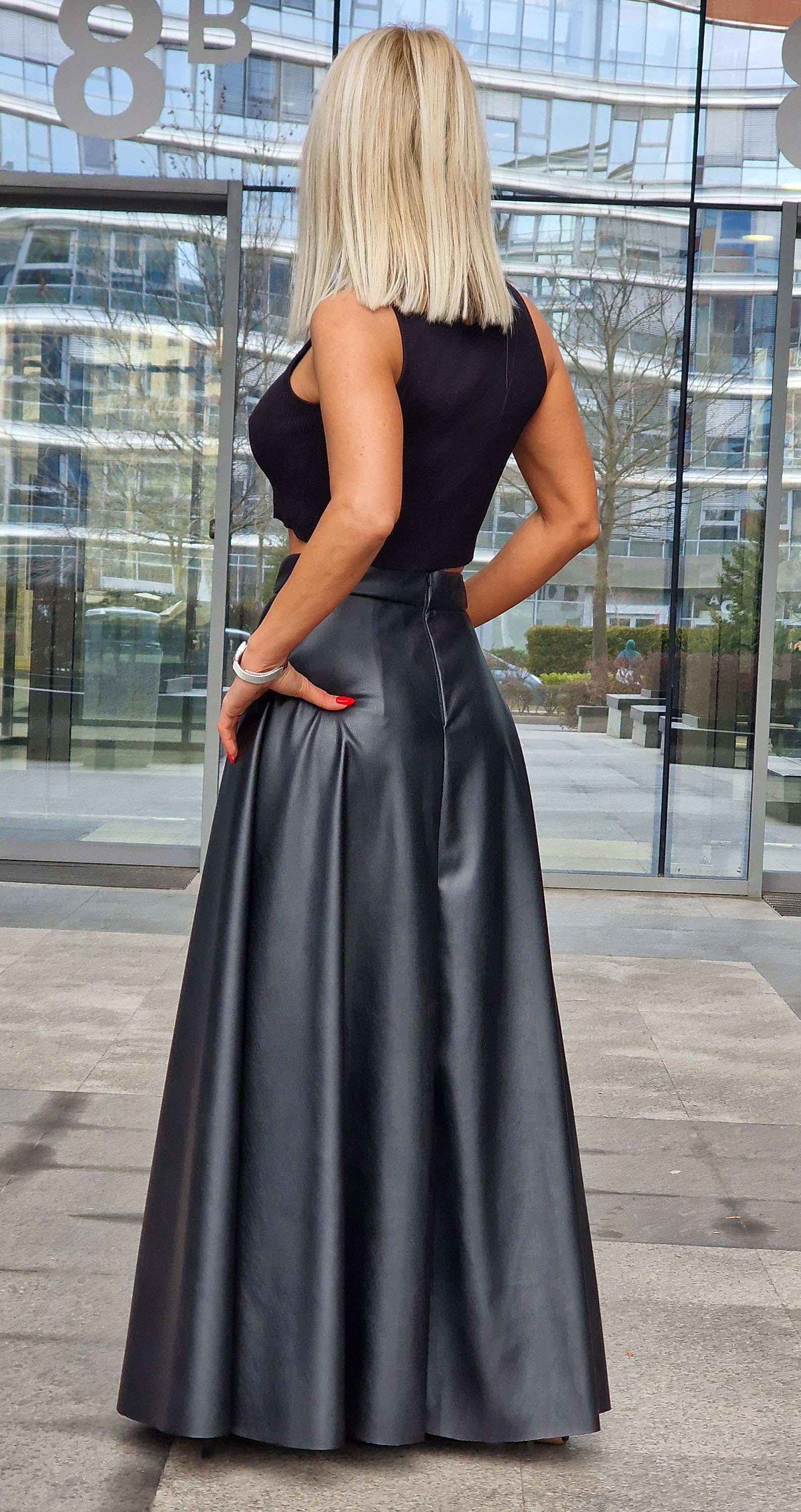 Women’s Faux Leather Maxi Skirt – Long A‑Line Elastic Waist Skirt, Plus Size Available, Polyester Spandex Blend - View #4
