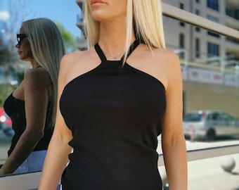 Black Sleeveless Fitted Top – Ribbed Cotton Tank Top – Gothic Minimalist Summer Shirt