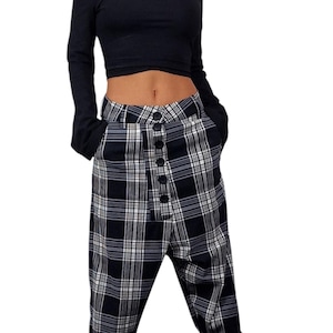 Calças Harem Xadrez: Calças Largas com Virilha Caída