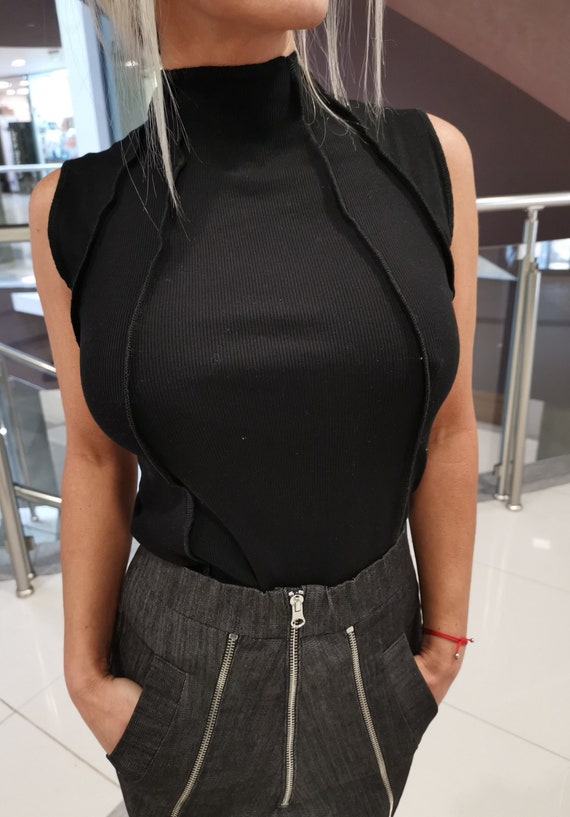 Black roll neck sleeveless top hot sale