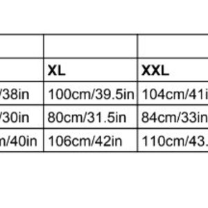 May include: Clothing size chart with measurements in inches and centimetres for sizes XS to XXXXXL. Bust, waist, and hip measurements are listed.
