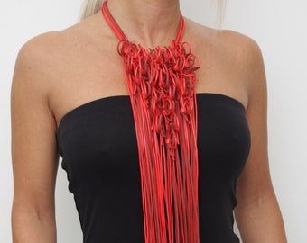 Handmade Long Leather Necklace/ Extravagant Necklace in Red
