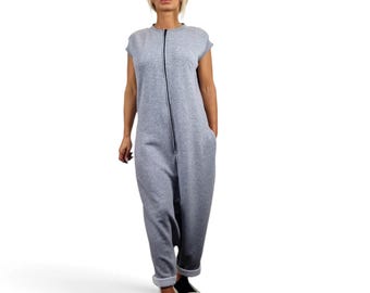 Sleeveless Cotton Harem Jumpsuit, Front Zip Drop Crotch Overall, Oversized Jumpsuit