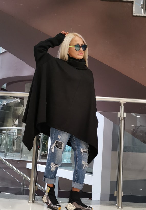 Black Knitted Poncho With Turtleneck, Long Sleeve Black Black Knitted Poncho With Turtleneck, Long Sleeve Black