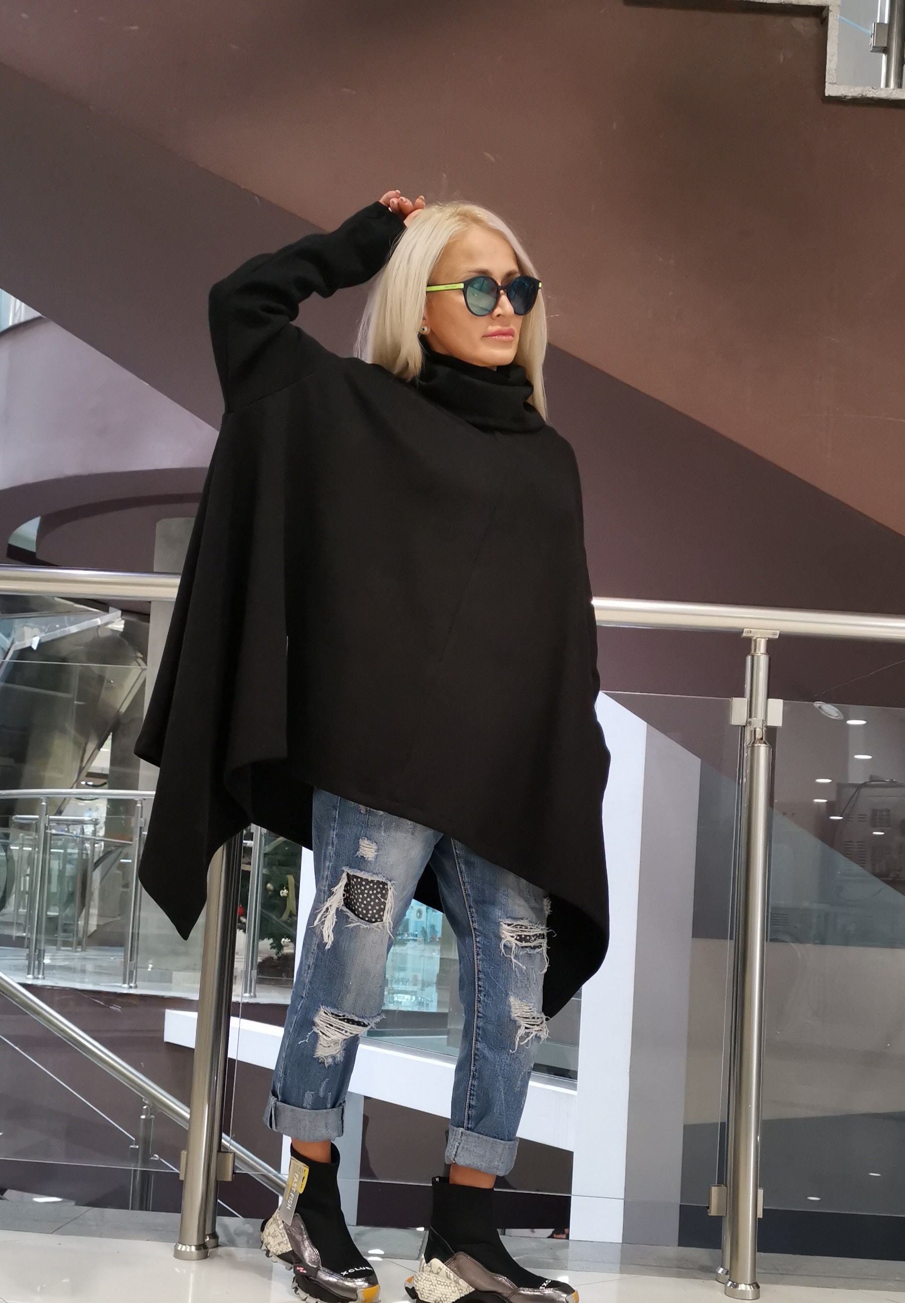 Black Knitted Poncho With Turtleneck, Long Sleeve Black Black Knitted Poncho With Turtleneck, Long Sleeve Black