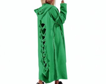 Groene katoenen cardigan met capuchon, open rug met rafelige rand, gedeconstrueerde avant-garde lange jas