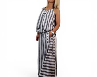Striped Linen Set, Wide Leg Pants, Tie Neck Sleeveless Top, Summer Outfit