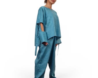 Turquoise linen set, oversized asymmetric top, harem pants, loose boho loungewear, women minimalist outfit