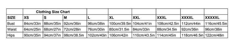 Pode incluir: Tabela de tamanhos de roupas com medidas em cent&iacute;metros e polegadas. Os tamanhos variam de XS a XXXXXXL. As medidas incluem busto, cintura e quadris, com medidas de busto variando de 84 cm a 116 cm.