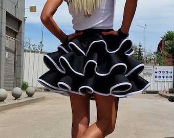 Neoprene Party Skirt, Extravagant Midi Skirt, Avant Garde Clothing, Tutu Skirt, Short Cocktail Skirt, Black Skirt, Sexy Skirt