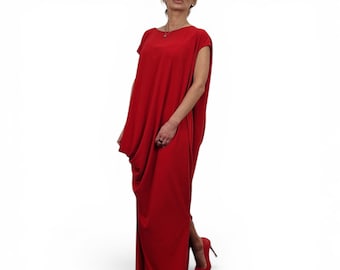 RED Maxi Dress, Extravagant Oversize Asymmetric Sleeveless Goth Party Dress