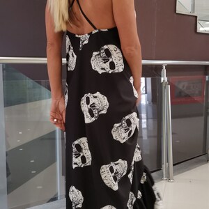 Skull Print Maxi Dress, Gothic Spaghetti Strap Extravagant Dress image 7